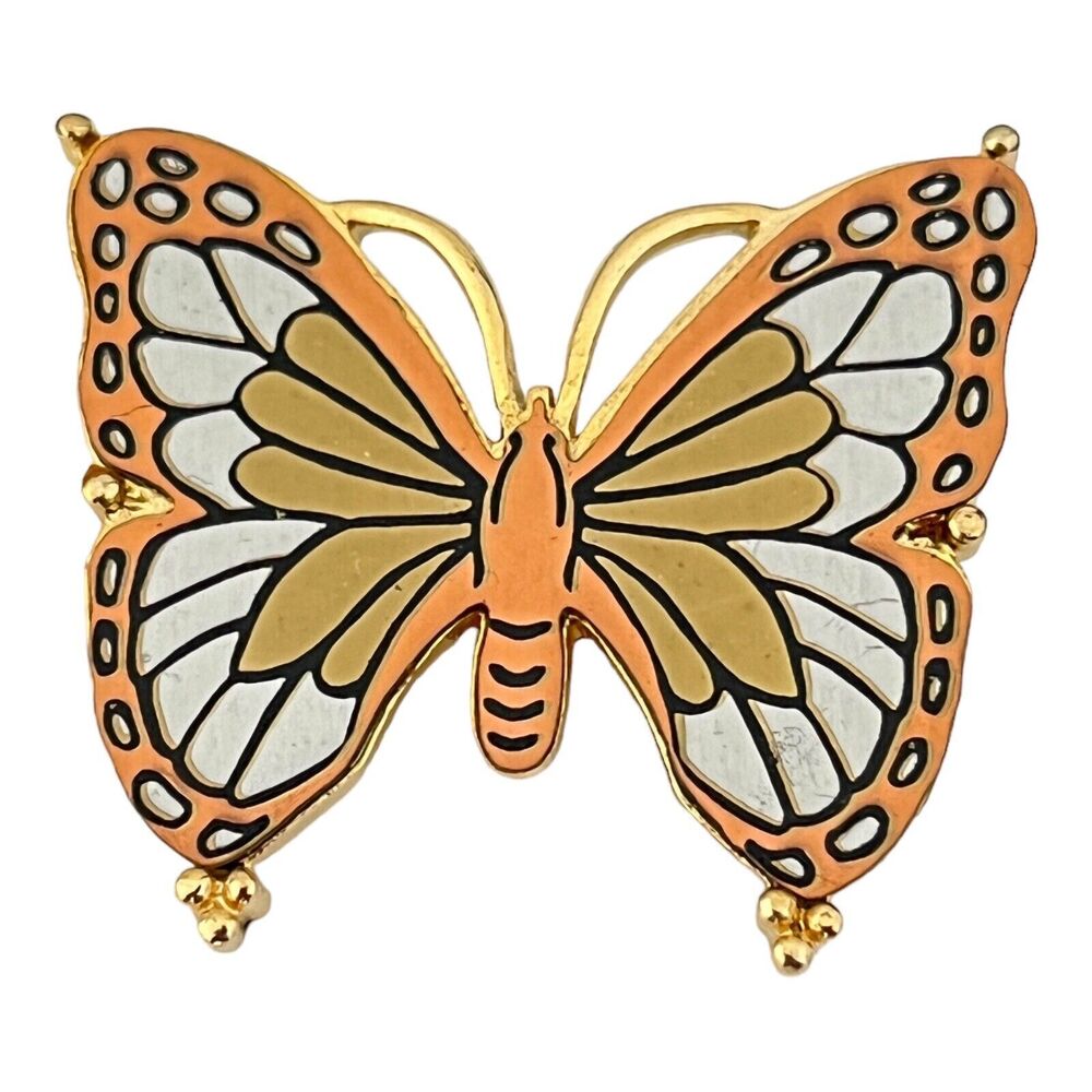 Vintage 1970s Damascene Style Enamel Butterfly Brooch Gold Tone Pin - 3P